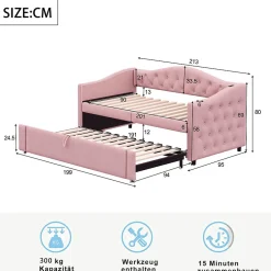 Okwish Lit Gigogne 90x200 cm, Tissu Lin Rose, Canapé Classique avec Boutons Décoratifs, Lit d'Appoint Multifonction - Sans Matelas