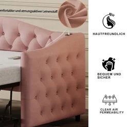 Okwish Lit Gigogne 90x200 cm, Tissu Lin Rose, Canapé Classique avec Boutons Décoratifs, Lit d'Appoint Multifonction - Sans Matelas