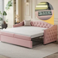 Okwish Lit Gigogne 90x200 cm, Tissu Lin Rose, Canapé Classique avec Boutons Décoratifs, Lit d'Appoint Multifonction - Sans Matelas