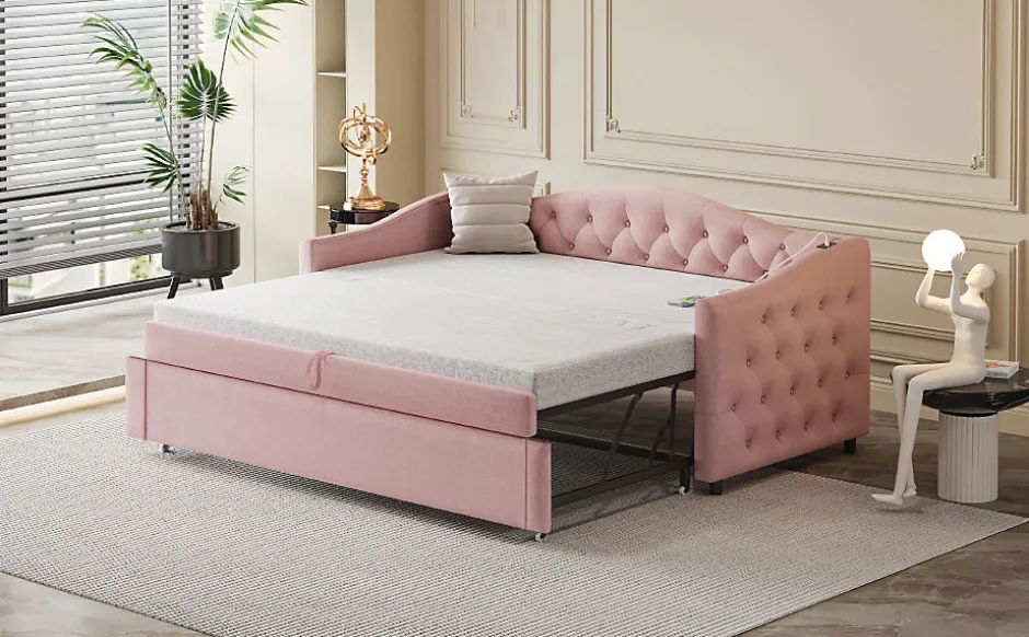 Okwish Lit Gigogne 90x200 cm, Tissu Lin Rose, Canapé Classique avec Boutons Décoratifs, Lit d'Appoint Multifonction - Sans Matelas