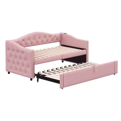 Okwish Lit Gigogne 90x200 cm, Tissu Lin Rose, Canapé Classique avec Boutons Décoratifs, Lit d'Appoint Multifonction - Sans Matelas