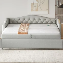 Okwish Lit Gigogne 90x200 cm, Tissu Lin Gris, Canapé Classique avec Boutons Décoratifs, Lit d'Appoint Multifonction - Sans Matelas Clearance