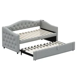 Okwish Lit Gigogne 90x200 cm, Tissu Lin Gris, Canapé Classique avec Boutons Décoratifs, Lit d'Appoint Multifonction - Sans Matelas Clearance