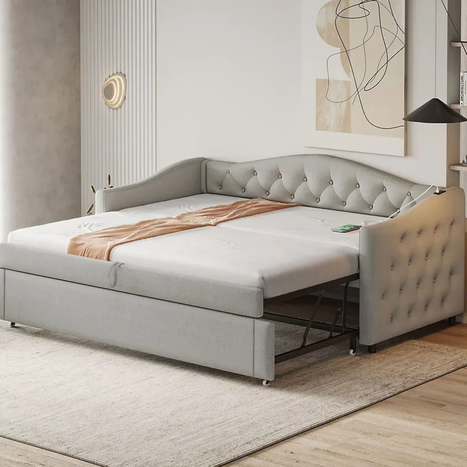 Okwish Lit Gigogne 90x200 cm, Tissu Lin Gris, Canapé Classique avec Boutons Décoratifs, Lit d'Appoint Multifonction - Sans Matelas Clearance