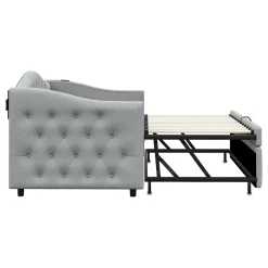 Okwish Lit Gigogne 90x200 cm, Tissu Lin Gris, Canapé Classique avec Boutons Décoratifs, Lit d'Appoint Multifonction - Sans Matelas Clearance