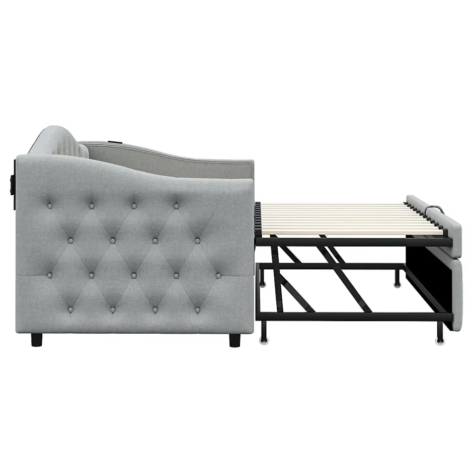 Okwish Lit Gigogne 90x200 cm, Tissu Lin Gris, Canapé Classique avec Boutons Décoratifs, Lit d'Appoint Multifonction - Sans Matelas Clearance