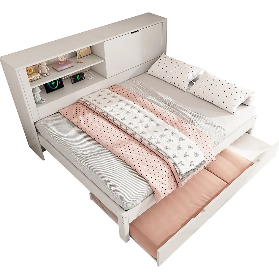 Okwish Lit Gigogne 90/140x190 cm, Tête de Lit Rangement et Compartiment Ouvert, USB/USB-C - MDF/Contreplaqué/Panneaux de Particules Blanc