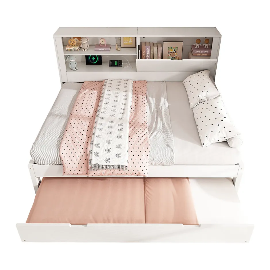 Okwish Lit Gigogne 90/140x190 cm, Tête de Lit Rangement et Compartiment Ouvert, USB/USB-C - MDF/Contreplaqué/Panneaux de Particules Blanc