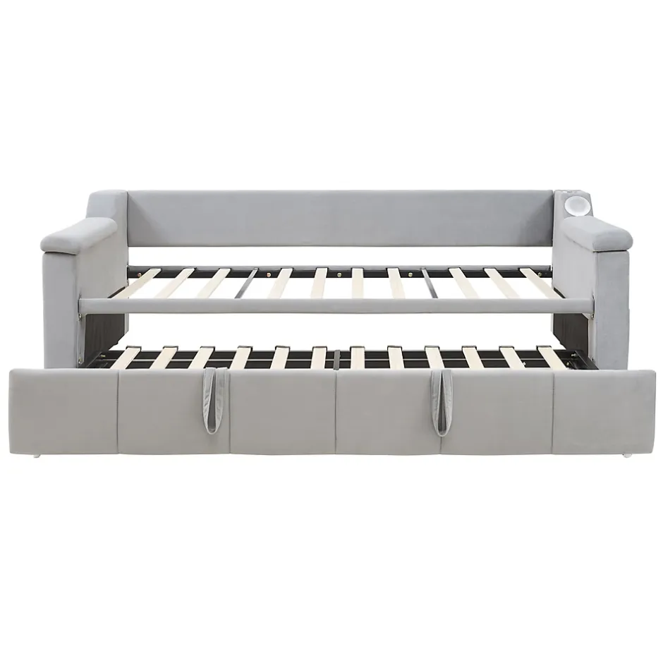 Okwish Lit Gigogne 90/180x190 cm, Velours Gris Clair, avec Port USB, Rangement Intégré, Accoudoirs Larges, Système Audio Bluetooth Best