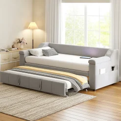 Okwish Lit Gigogne 90/180x190 cm, Velours Gris Clair, avec Port USB, Rangement Intégré, Accoudoirs Larges, Système Audio Bluetooth Best