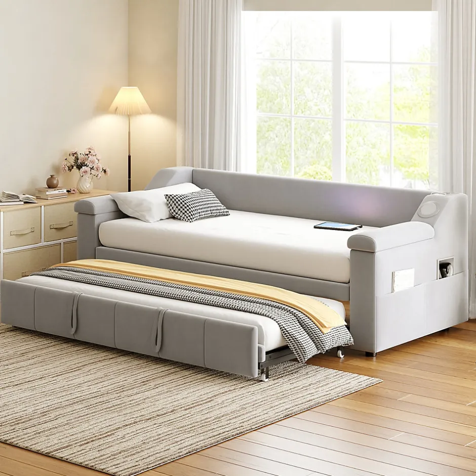 Okwish Lit Gigogne 90/180x190 cm, Velours Gris Clair, avec Port USB, Rangement Intégré, Accoudoirs Larges, Système Audio Bluetooth Best