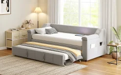 Okwish Lit Gigogne 90/180x190 cm, Velours Gris Clair, avec Port USB, Rangement Intégré, Accoudoirs Larges, Système Audio Bluetooth Best