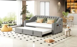 Okwish Lit Gigogne 90x190 cm, Velours Gris, Lit Multifonction avec Port USB, Accoudoirs avec Rangement - Sans Matelas