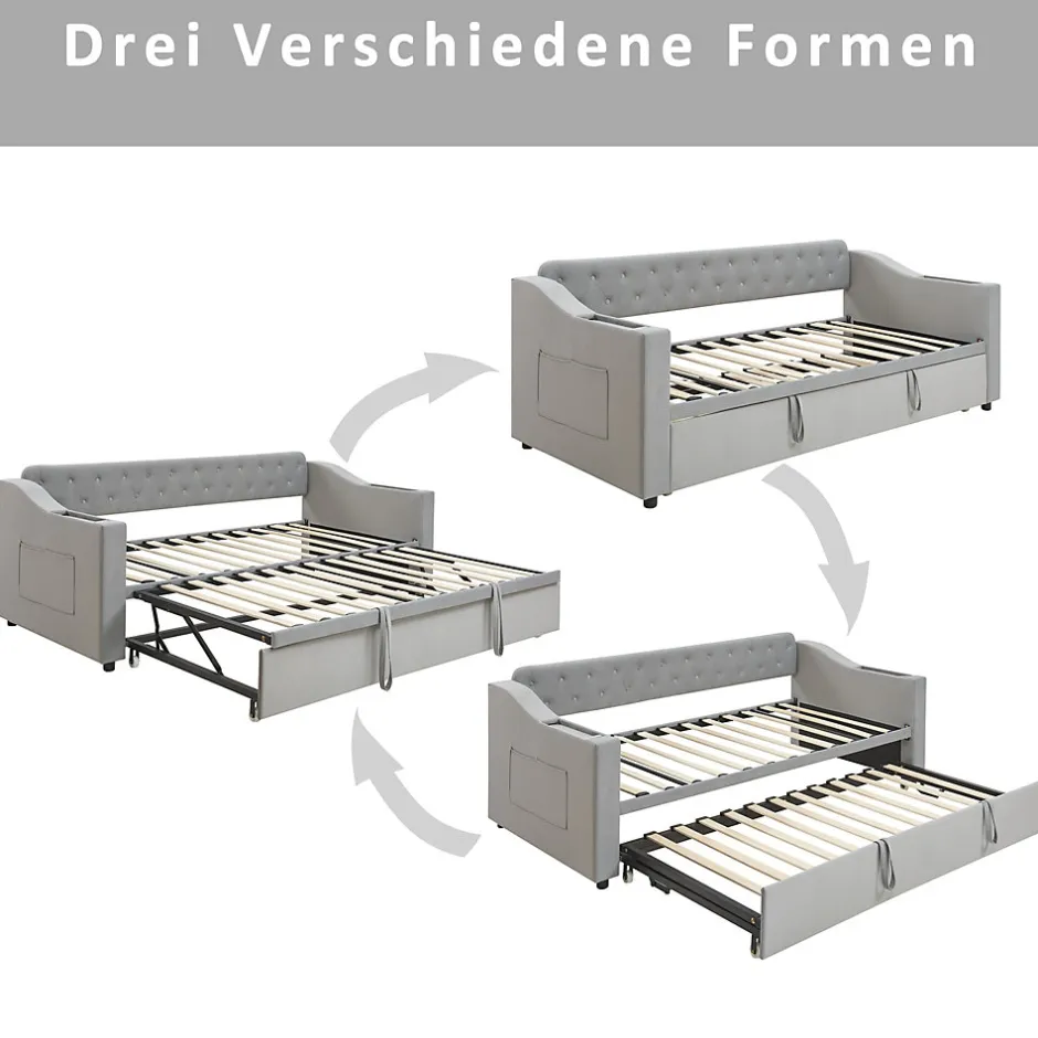 Okwish Lit Gigogne 90x190 cm, Velours Gris, Lit Multifonction avec Port USB, Accoudoirs avec Rangement - Sans Matelas