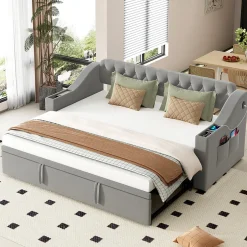 Okwish Lit Gigogne 90x190 cm, Velours Gris, Lit Multifonction avec Port USB, Accoudoirs avec Rangement - Sans Matelas