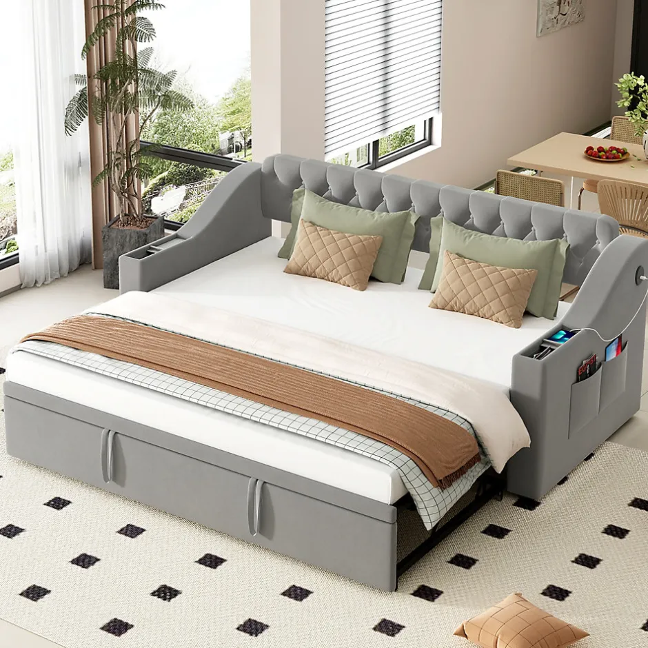 Okwish Lit Gigogne 90x190 cm, Velours Gris, Lit Multifonction avec Port USB, Accoudoirs avec Rangement - Sans Matelas