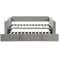 Okwish Lit Gigogne 90x190 cm, Velours Gris, Lit Multifonction avec Port USB, Accoudoirs avec Rangement - Sans Matelas