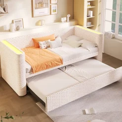 Okwish Lit Gigogne 90x200 cm/180x200 cm - Lit Simple et Double avec Éclairage LED Multifonction - en Velours - sans Matelas - Beige