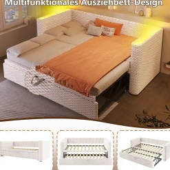 Okwish Lit Gigogne 90x200 cm/180x200 cm - Lit Simple et Double avec Éclairage LED Multifonction - en Velours - sans Matelas - Beige