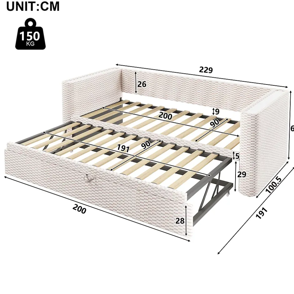 Okwish Lit Gigogne 90x200 cm/180x200 cm - Lit Simple et Double avec Éclairage LED Multifonction - en Velours - sans Matelas - Beige