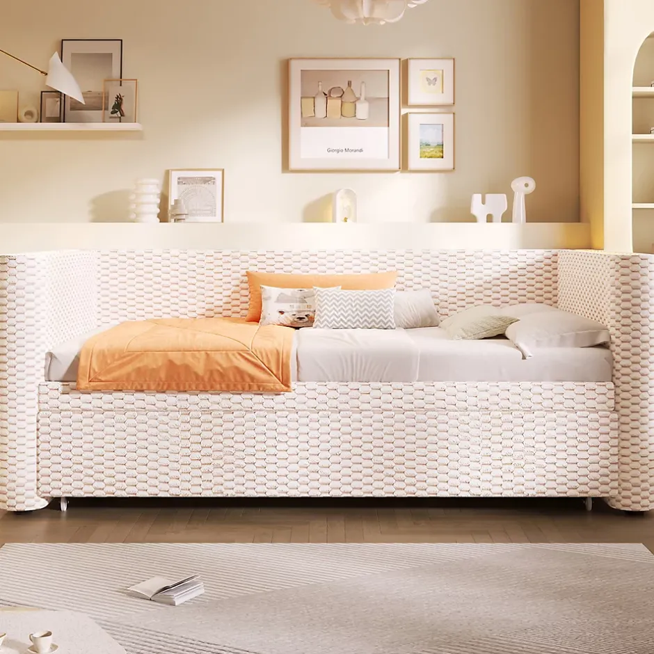 Okwish Lit Gigogne 90x200 cm/180x200 cm - Lit Simple et Double avec Éclairage LED Multifonction - en Velours - sans Matelas - Beige