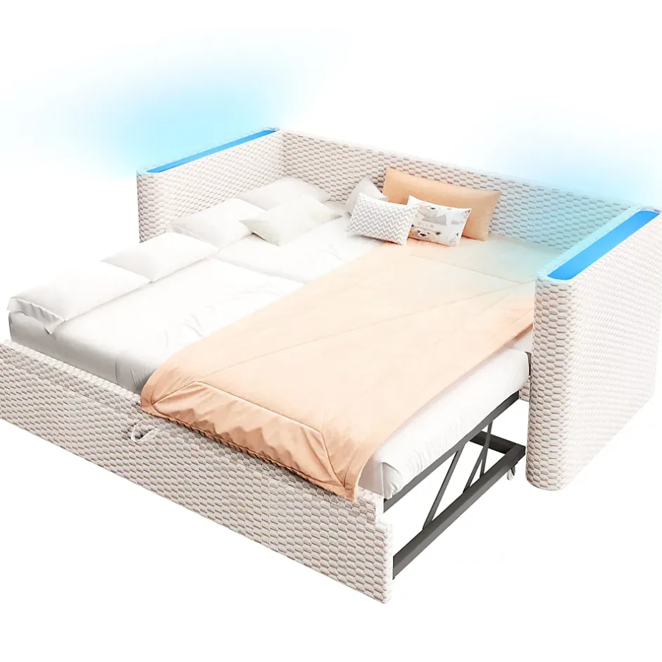 Okwish Lit Gigogne 90x200 cm/180x200 cm - Lit Simple et Double avec Éclairage LED Multifonction - en Velours - sans Matelas - Beige