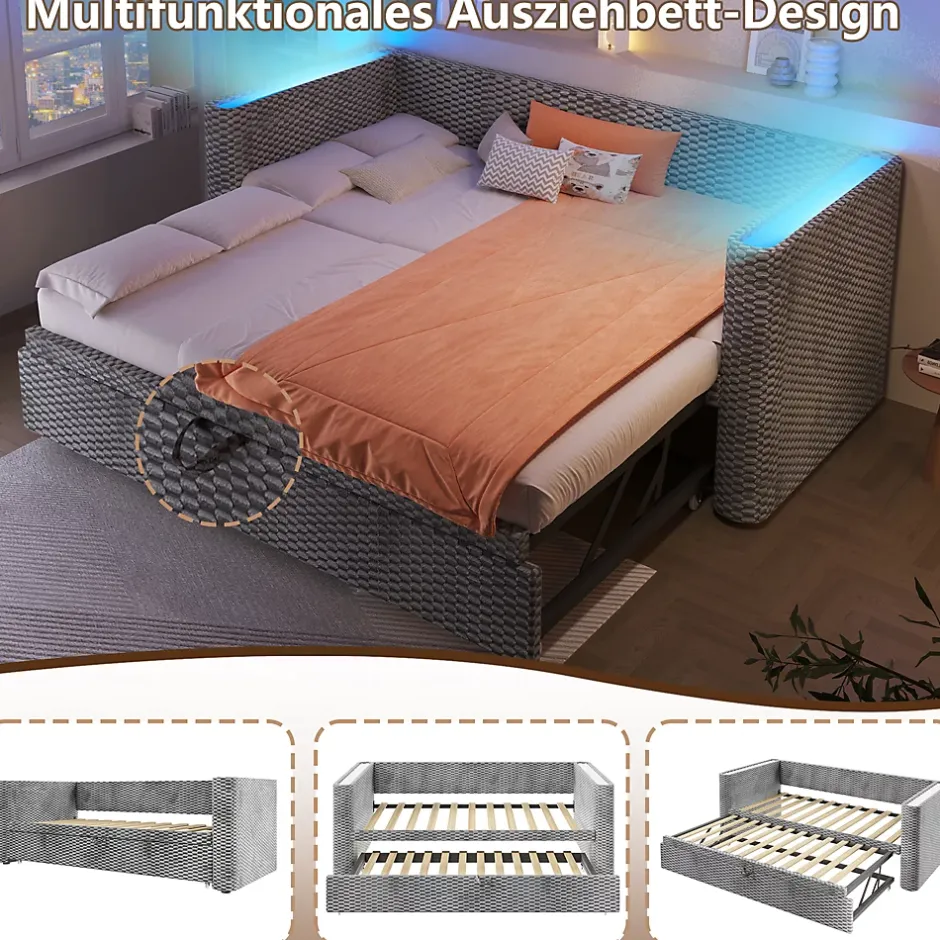 Okwish Lit Gigogne 90x200 cm/180x200 cm - Lit Simple et Double avec Éclairage LED Multifonction - en Velours - sans Matelas - Gris Outlet