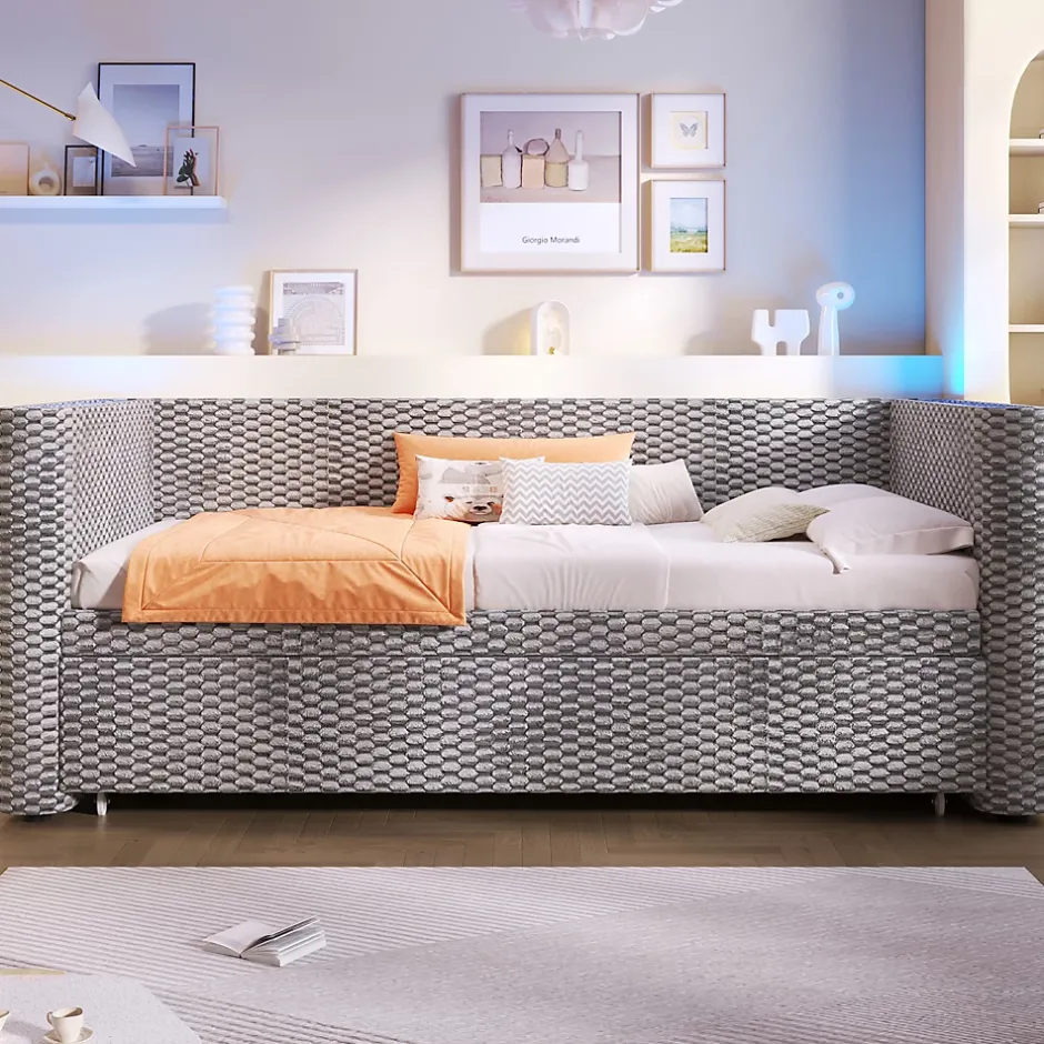 Okwish Lit Gigogne 90x200 cm/180x200 cm - Lit Simple et Double avec Éclairage LED Multifonction - en Velours - sans Matelas - Gris Outlet