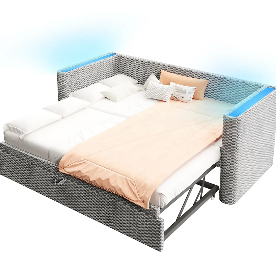 Okwish Lit Gigogne 90x200 cm/180x200 cm - Lit Simple et Double avec Éclairage LED Multifonction - en Velours - sans Matelas - Gris Outlet