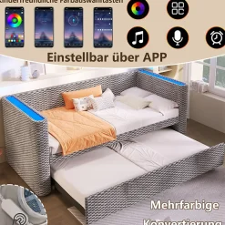 Okwish Lit Gigogne 90x200 cm/180x200 cm - Lit Simple et Double avec Éclairage LED Multifonction - en Velours - sans Matelas - Gris Outlet