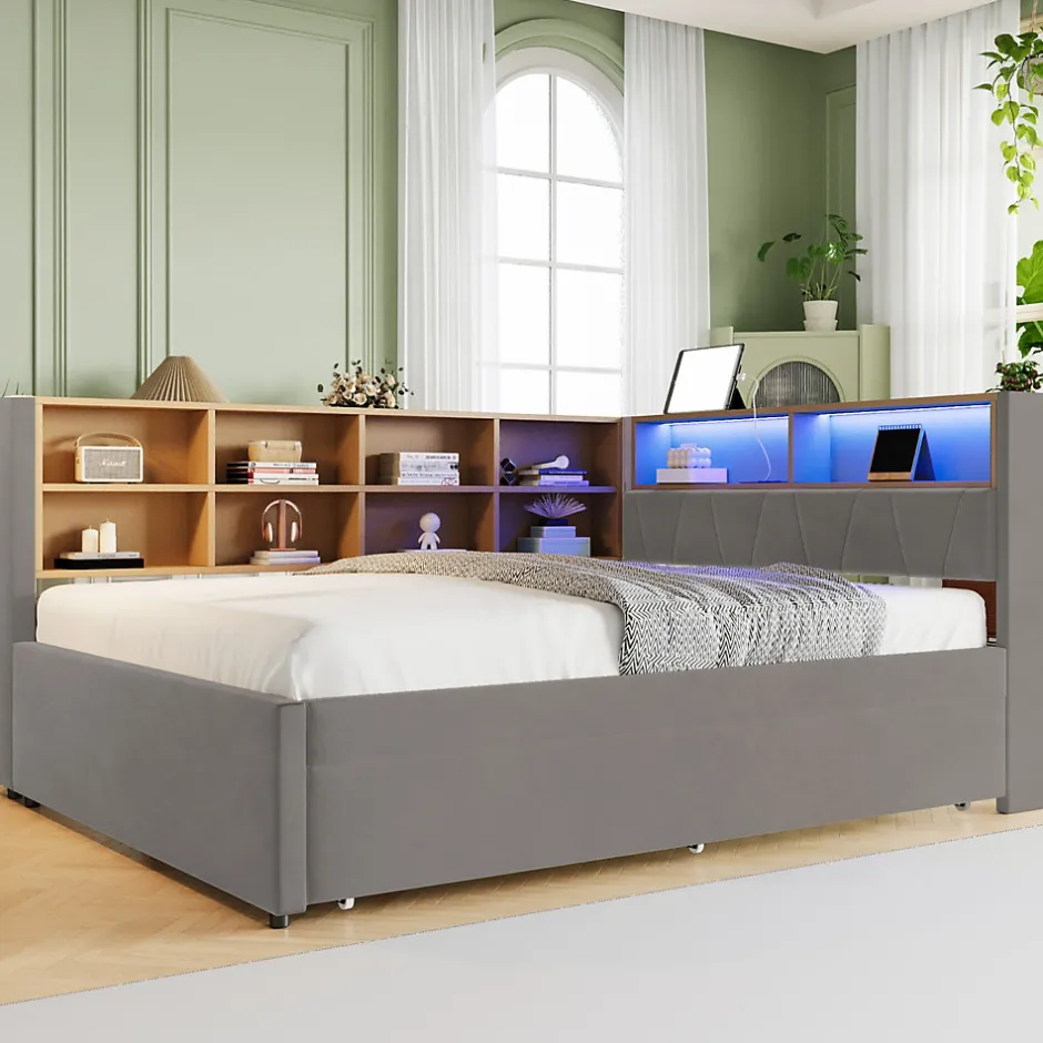 Okwish Lit Gigogne 140x200 cm/90x190 cm, Lit Double et Port USB, Rangements Intégrés et Éclairage LED - Tissu Gris Foncé - Sans Matelas