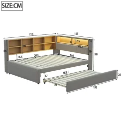 Okwish Lit Gigogne 140x200 cm/90x190 cm, Lit Double et Port USB, Rangements Intégrés et Éclairage LED - Tissu Gris Foncé - Sans Matelas