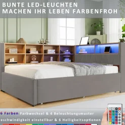 Okwish Lit Gigogne 140x200 cm/90x190 cm, Lit Double et Port USB, Rangements Intégrés et Éclairage LED - Tissu Gris Foncé - Sans Matelas