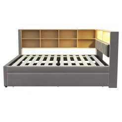 Okwish Lit Gigogne 140x200 cm/90x190 cm, Lit Double et Port USB, Rangements Intégrés et Éclairage LED - Tissu Gris Foncé - Sans Matelas