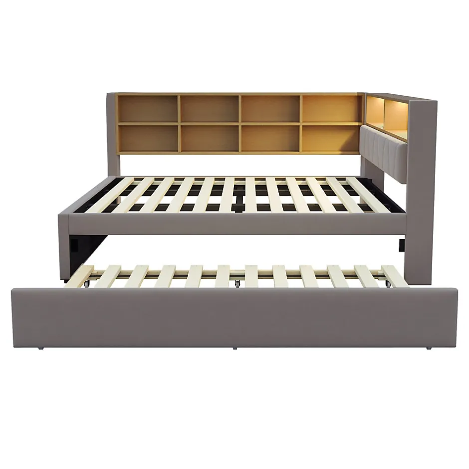 Okwish Lit Gigogne 140x200 cm/90x190 cm, Lit Double et Port USB, Rangements Intégrés et Éclairage LED - Tissu Gris Foncé - Sans Matelas