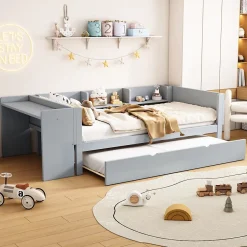 ProximaX Lit gigogne 90x200cm+90x180cm, avec petit bureau, trois étagères sur le côté du lit, gris Sale