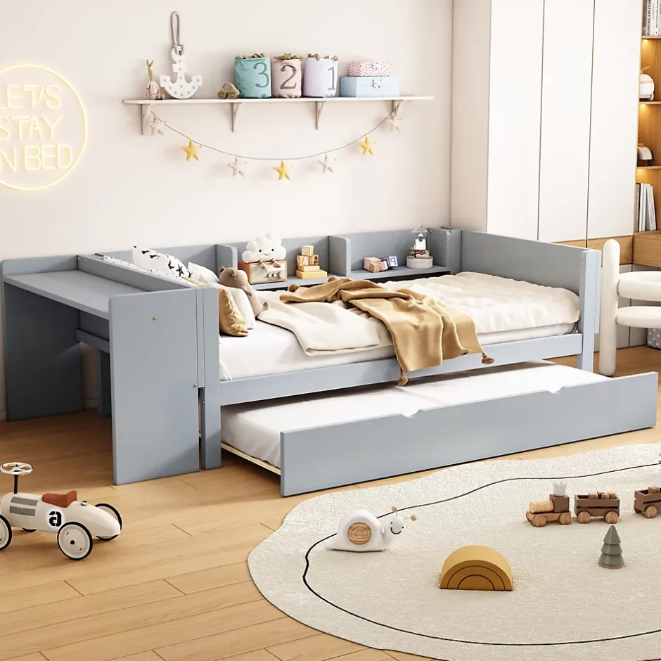 ProximaX Lit gigogne 90x200cm+90x180cm, avec petit bureau, trois étagères sur le côté du lit, gris Sale