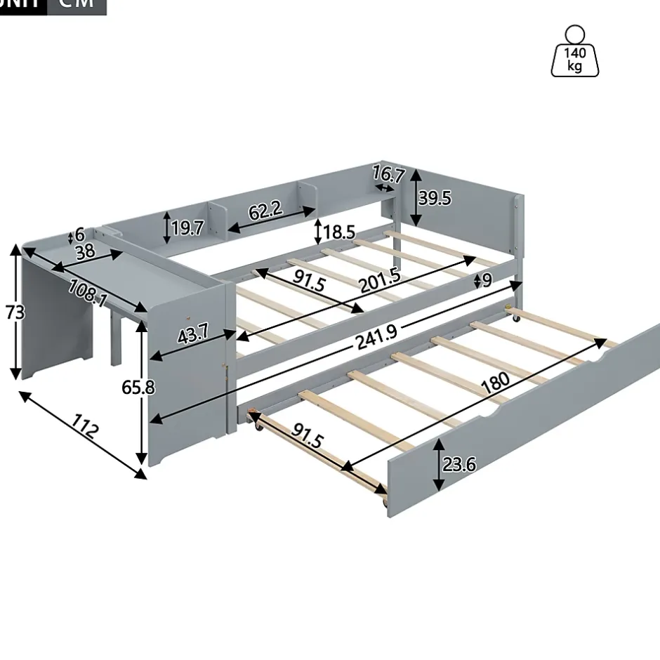 ProximaX Lit gigogne 90x200cm+90x180cm, avec petit bureau, trois étagères sur le côté du lit, gris Sale
