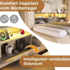 Okwish Lit Gigogne 90x200/90x190 cm - Lit Rembourré avec LED et Tête de Lit L-Forme Rangement, en Lin - sans Matelas Beige New
