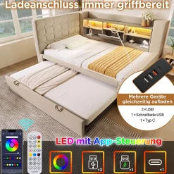 Okwish Lit Gigogne 90x200/90x190 cm - Lit Rembourré avec LED et Tête de Lit L-Forme Rangement, en Lin - sans Matelas Beige New