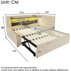 Okwish Lit Gigogne 90x200/90x190 cm - Lit Rembourré avec LED et Tête de Lit L-Forme Rangement, en Lin - sans Matelas Beige New