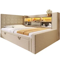 Okwish Lit Gigogne 90x200/90x190 cm - Lit Rembourré avec LED et Tête de Lit L-Forme Rangement, en Lin - sans Matelas Beige New