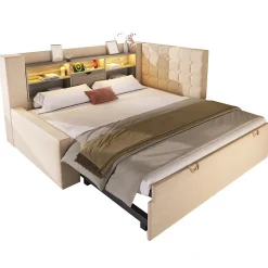Okwish Lit Gigogne 90x200/90x190 cm - Lit Rembourré avec LED et Tête de Lit L-Forme Rangement, en Lin - sans Matelas Beige New
