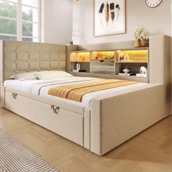 Okwish Lit Gigogne 90x200/90x190 cm - Lit Rembourré avec LED et Tête de Lit L-Forme Rangement, en Lin - sans Matelas Beige New