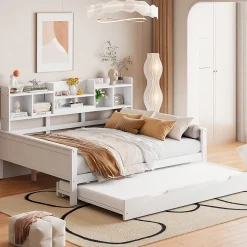 Okwish Lit Gigogne 90x190/140x200 cm avec Lit Tiroir et Tiroirs de Rangement, Bois Blanc, Sommier À Lattes pour Chambre enfant, Blanc