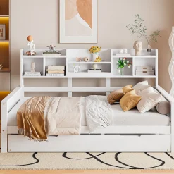 Okwish Lit Gigogne 90x190/140x200 cm avec Lit Tiroir et Tiroirs de Rangement, Bois Blanc, Sommier À Lattes pour Chambre enfant, Blanc