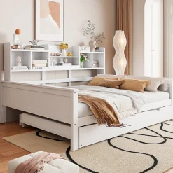 Okwish Lit Gigogne 90x190/140x200 cm avec Lit Tiroir et Tiroirs de Rangement, Bois Blanc, Sommier À Lattes pour Chambre enfant, Blanc
