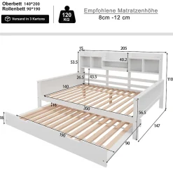 Okwish Lit Gigogne 90x190/140x200 cm avec Lit Tiroir et Tiroirs de Rangement, Bois Blanc, Sommier À Lattes pour Chambre enfant, Blanc