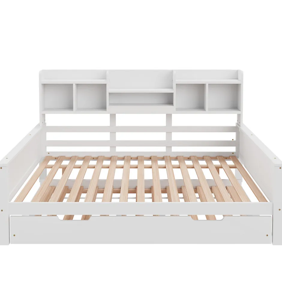 Okwish Lit Gigogne 90x190/140x200 cm avec Lit Tiroir et Tiroirs de Rangement, Bois Blanc, Sommier À Lattes pour Chambre enfant, Blanc