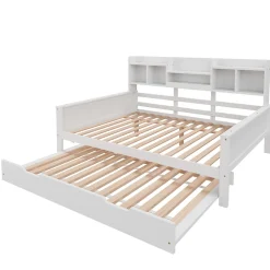Okwish Lit Gigogne 90x190/140x200 cm avec Lit Tiroir et Tiroirs de Rangement, Bois Blanc, Sommier À Lattes pour Chambre enfant, Blanc